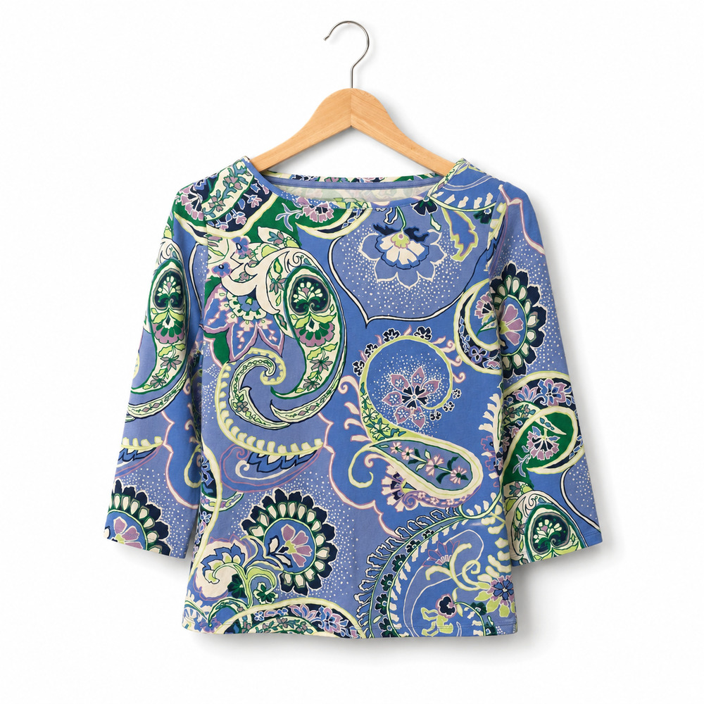 The Talbots Tee Womens Size large Purple Paisley Print 3/4 Sleeve Cotton Blend